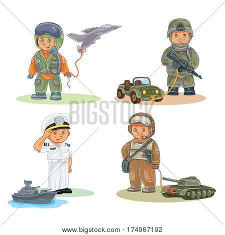 Set of icons of small children airman, soldier, sailor and tanker