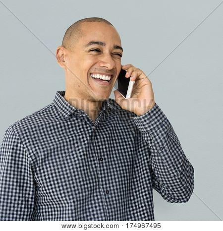 A guy is using smartphone talking