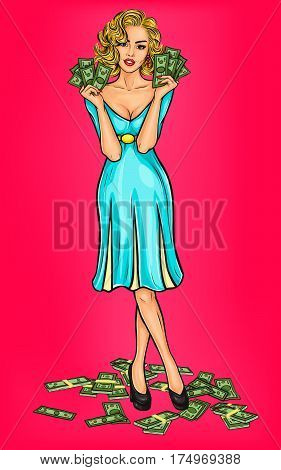 pop art girl with cash in hand