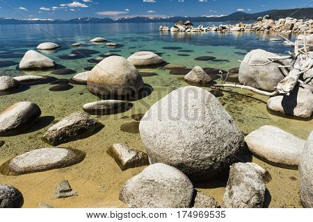 Beautiful boulders and crystal clear water of the lake Tahoe. Hidden Beach, Lake Tahoe - Nevada, USA