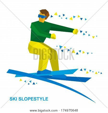 Winter Sports - Ski Slopestyle. Freestyle Skier Jumps An Obstacle