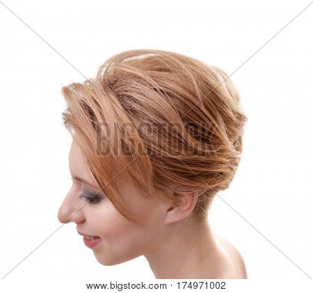 Young woman with trendy hairstyle on white background