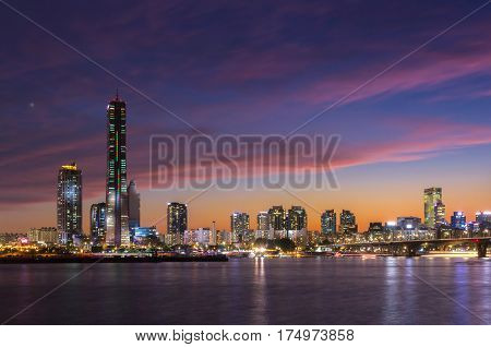 Seoul City At Night And Han River, Yeouido, South Korea.