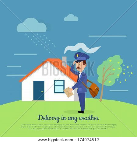 Delivery in any weather. Postman delivers your letters at any weather conditions. Mailman with package near house in rainy day. Express messenger in storm and disaster vector illustration in cartoon