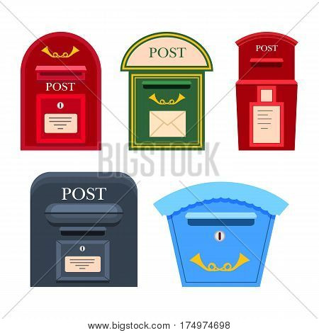 Post mailbox vector colourful collection on white. Red, green, grey and blue postboxes with inscriptions, signs and holes for letters. Set of five safe cases for writings keeping in flat style