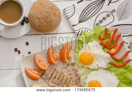 Breakfast of eggs and bacon. Good morning