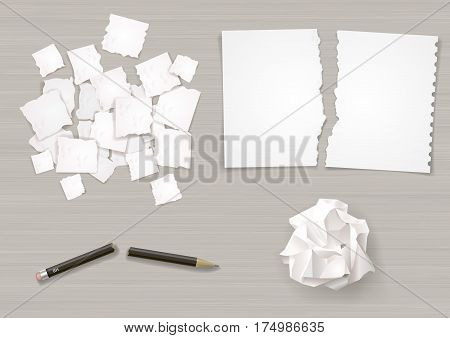 Set of different crumpled and torn sheets of paper. Broken pencil. Vector graphics.