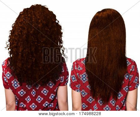 Hair before and after straightening over white background