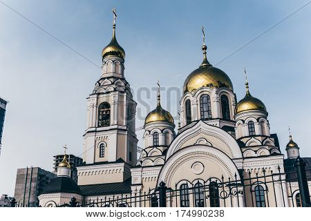 New building of orthodox church in Voronezh city against the blue sky