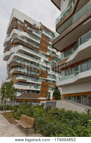MILAN ITALY-September 2015: Urban Geometry of new modern residential building houses of City Life business and residential district in Milan. Designed by Zaha Hadid Architects