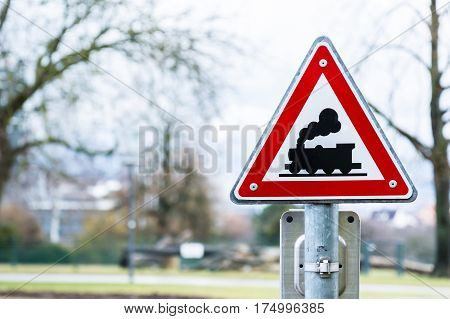 Train Sign Warning Red Caution Traffic Law Rules Triangle Metal Bright Outdoors Crossing