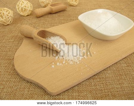Fleur de Sel sea salt on wooden board