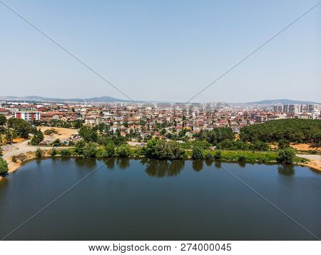 Aerial Drone View Of Aydos Forest Lake In Istanbul
