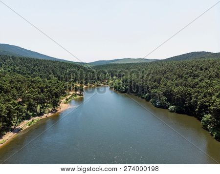 Aerial Drone View Of Aydos Forest Lake In Istanbul
