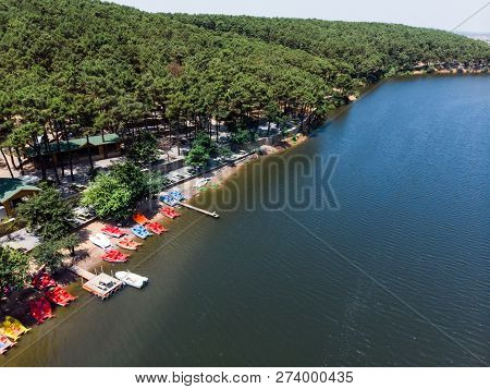 Aerial Drone View Of Aydos Forest Lake With Summer Pedalo Boats In Istanbul