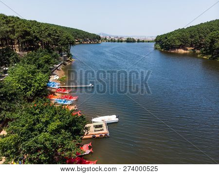 Aerial Drone View Of Aydos Forest Lake With Summer Pedalo Boats In Istanbul