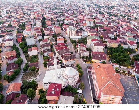 Aerial Drone View Of Istanbul Sultanbeyli Region / Forest And City / Cityscape.