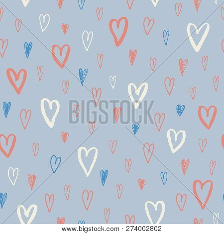Hand Drawn Doodle Pastel Hearts Silhouettes Valentines Day Vector Seamless Pattern. Cute Graffity Ba