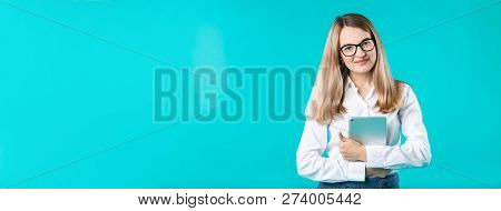Portrait Young Caucasian Woman Worker Teacher Trainer Mentoring In White Shirt Office Style Long Hai