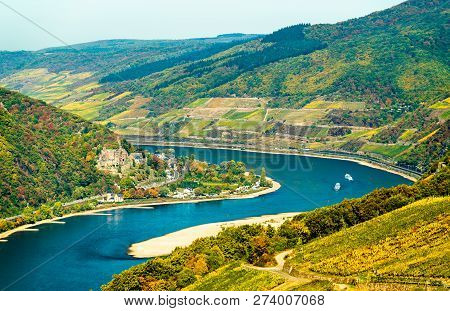 View Of Reichenstein Castle In The Upper Middle Rhine Valley. Unesco World Heritage In Germany