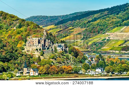 View Of Reichenstein Castle In The Upper Middle Rhine Valley. Unesco World Heritage In Germany