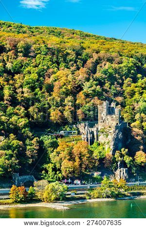 View Of Rheinstein Castle In The Upper Middle Rhine Valley. Unesco World Heritage In Germany