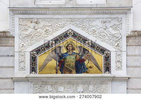 Mosaic On The Facade Of San Spiridione Orthodox Church In Trieste, Italy
