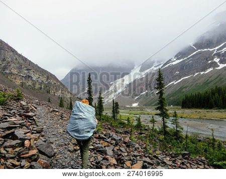 A Young Female Hiker Hiking Along The Berg Lake Trail, In Mount Robson Provincial Park, British Colu