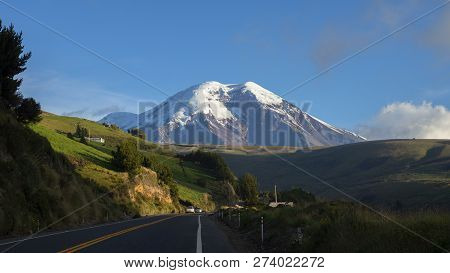 Panoramic View Of The Chimborazo Volcano In A Day With Clear Blue Sky. Chimborazo Is The Highest Mou