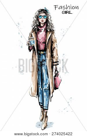 Hand Drawn Beautiful Young Woman Holding Plastic Coffee Cup. Stylish Elegant Girl In Coat. Fashion W