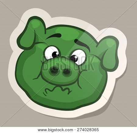 Nauseous Pig. Funny Emotional Pig Muzzles In Paper Sticker Vector Illustration