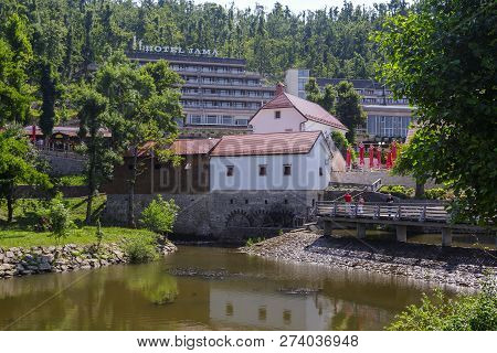 Postojna, Slovenia- June 30, 2015: Park Postojna Jama Near Postojna Cave, Famous Attraction In Slove