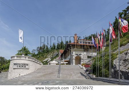 Postojna, Slovenia- June 30, 2015: Park Postojna Jama Near Postojna Cave, Famous Attraction In Slove