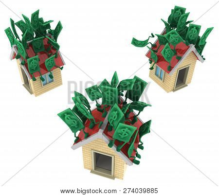 Dollar Money Symbol Cartoon Characters On Top Of House Roofs, 3d Illustration, Horizontal, Isolated,