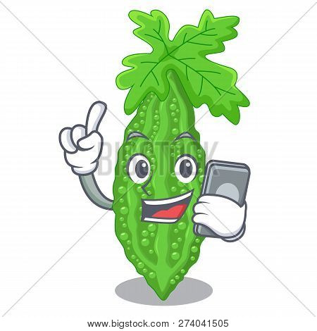With Phone Bitter Melon Isolated On A Mascot