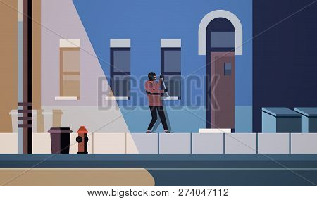 Burglar In Black Mask Using Crowbar Breaking Entering Into Home Criminal Thief Character Trying To F