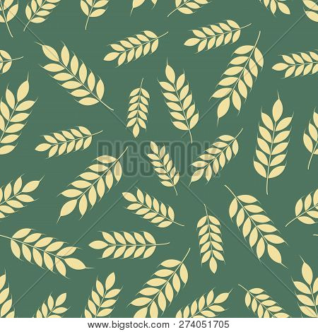 Vector Seamless Pattern Illustration Ears Of Wheat On Green Background. Whole Grain, Organic, For Ba