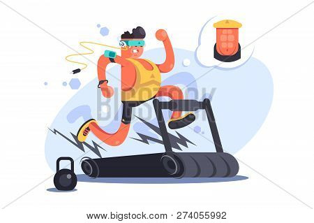 Cartoon Boy Running On Treadmill. Young Man