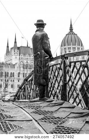 Budapest, Hungary - January 4, 2015:statue Of Imre Nagy Looking At The Building Of Parliament In Bud
