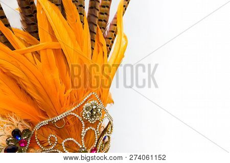 Helmet Decorated With Bright Stones And Faisan Feathers For Carnival
