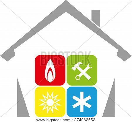House With Sun, Snow And Flame, Installer And Air Conditioning Logo
