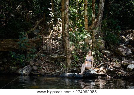 Young Tourist Telaga Tujuh Seven Wells Waterfall On Tropical Langkawi Island In Malaysia. Beautiful 