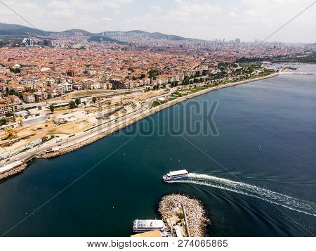 Aerial Drone View Of Bostanci / Istanbul Seaside. Cityscape