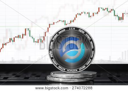Horizen (zen) Cryptocurrency; 1 Coin On The Background Of The Chart
