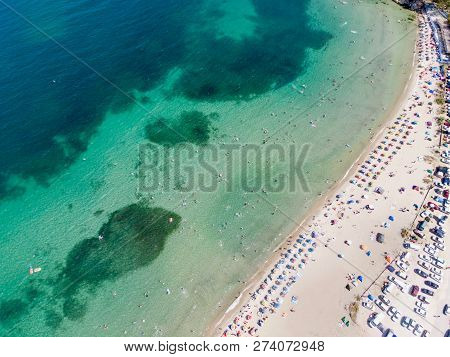 Aerial Drone View Of Beach Cove With People Swimming At Erdek Turankoy / Balikesir / Turkey