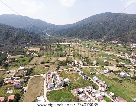 Aerial Drone View Of Buildings, Trees At Erdek Turankoy / Balikesir Turkey.