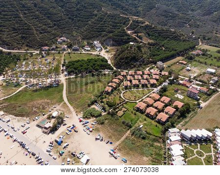 Aerial Drone View Of Buildings, Trees At Erdek Turankoy / Balikesir Turkey.