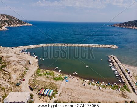 Aerial Drone View Of Marina Pier With Boats In Erdek Turankoy / Balikesir Dock