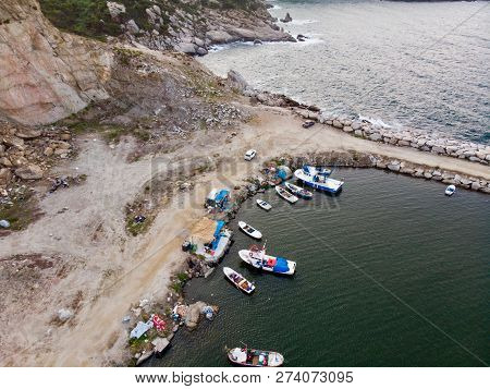 Aerial Drone View Of Marina Pier With Boats In Erdek Turankoy / Balikesir Dock