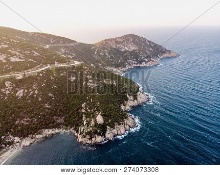Aerial Drone View Of Beach Cove At Erdek Turankoy / Balikesir Turkey. Nature In The City.
